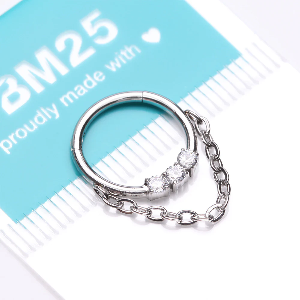 Chained Classic 3 Gem Sparkle Clicker Hoop Ring - Image 4