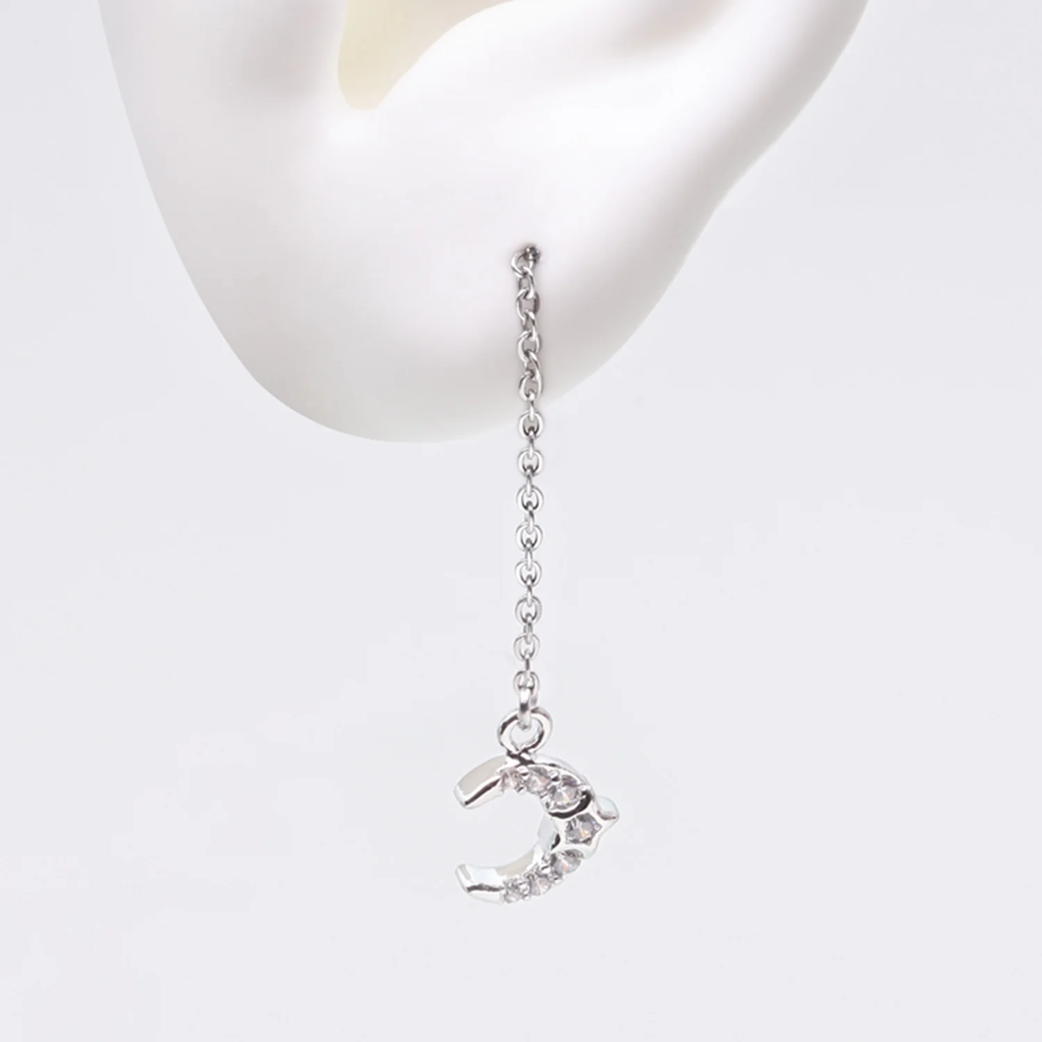 Chained Sparkle Crescent Moon Star Dangle Cartilage Barbell Earring - Image 2