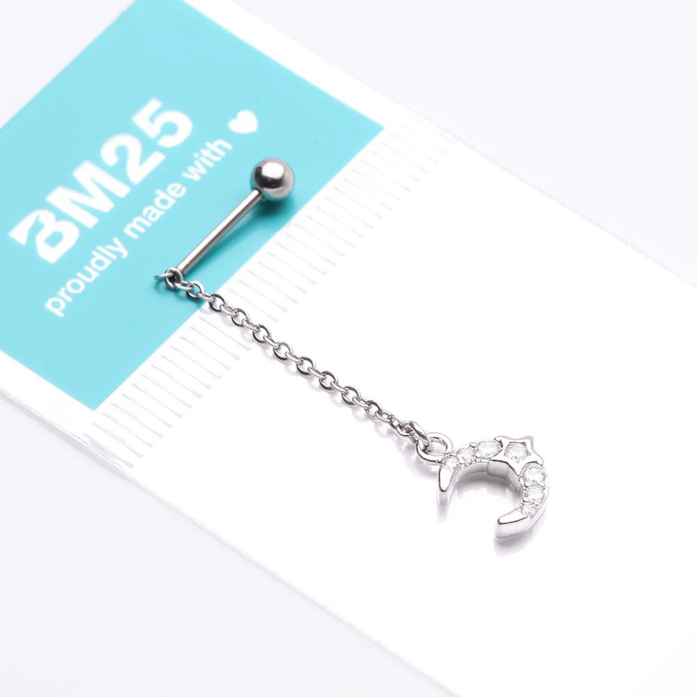 Chained Sparkle Crescent Moon Star Dangle Cartilage Barbell Earring - Image 4