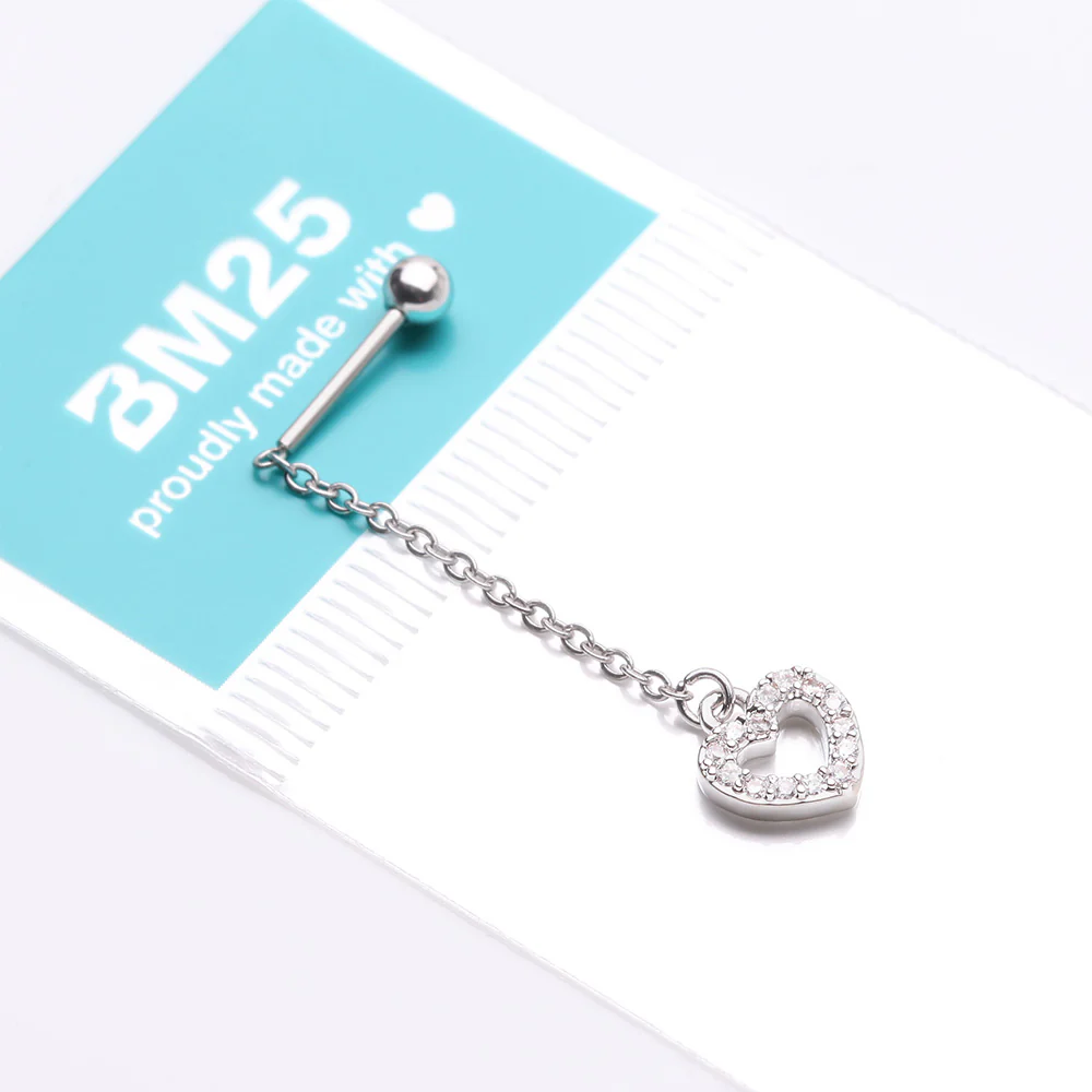 Chained Sparkle Hollow Heart Dangle Cartilage Barbell Earring - Image 4