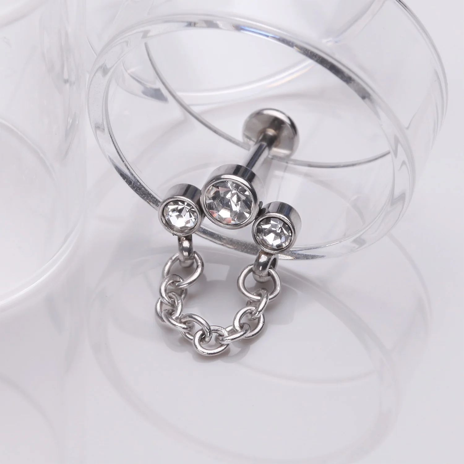 Chained Sparkle Trio Gem Top Internally Threaded Labret Flat Back Stud - Image 2
