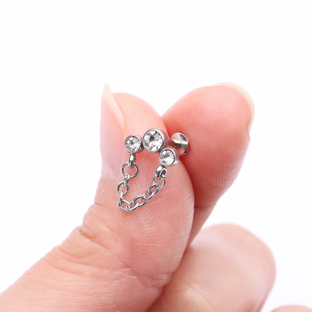 Chained Sparkle Trio Gem Top Internally Threaded Labret Flat Back Stud - Image 3
