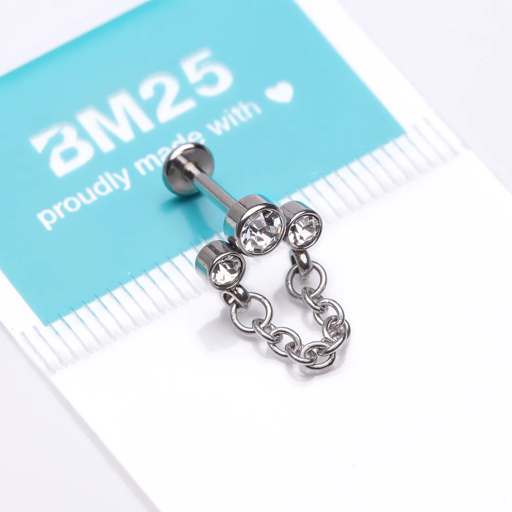 Chained Sparkle Trio Gem Top Internally Threaded Labret Flat Back Stud - Image 4