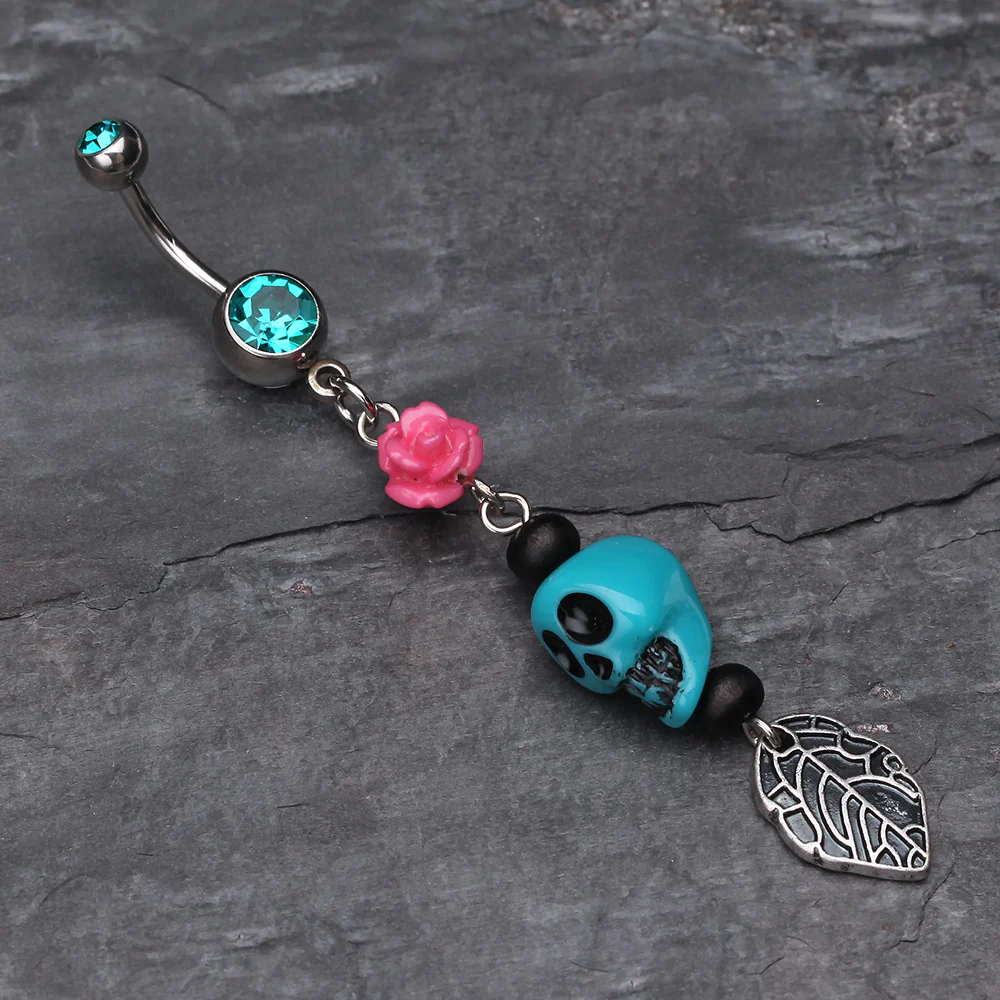 Colorful Rose Skull Leaf Dangle Belly Ring - Image 3