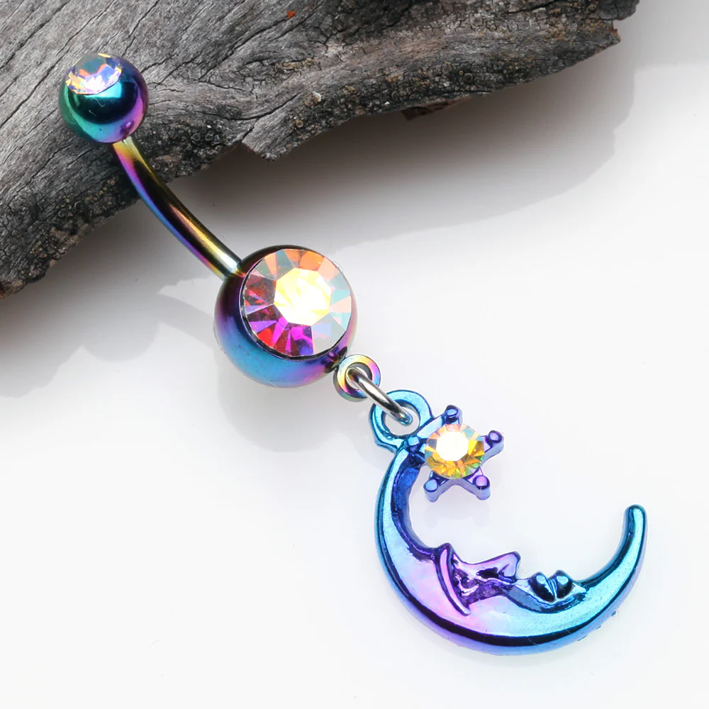 Colorline Blurple Sleeping Crescent Moon Star Sparkle Belly Button Ring - Image 3