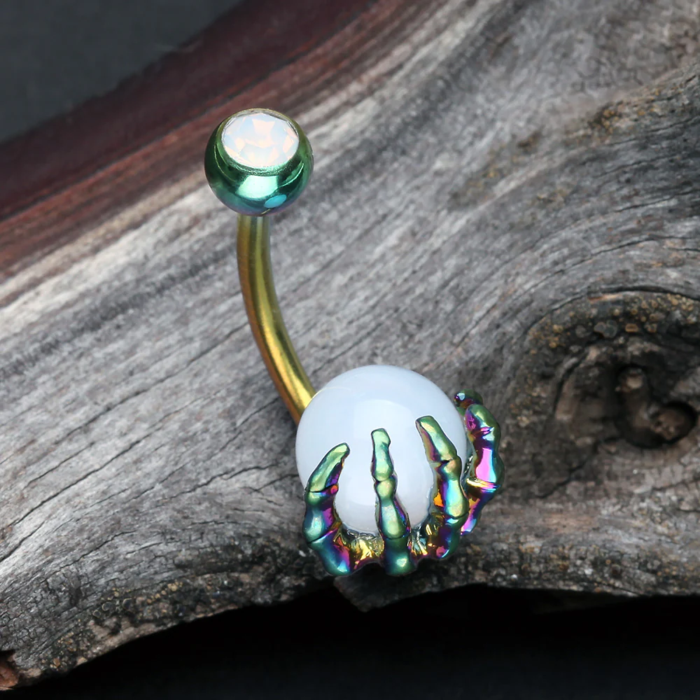 Colorline Moonstone Orb Shine Skeleton Hand Belly Button Ring - Image 3