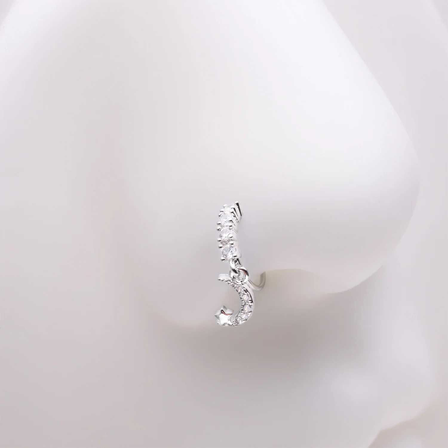 Crescent Moon and Star Sparkle Dangle Multi-Gem Lined Bendable Hoop Ring - Image 2