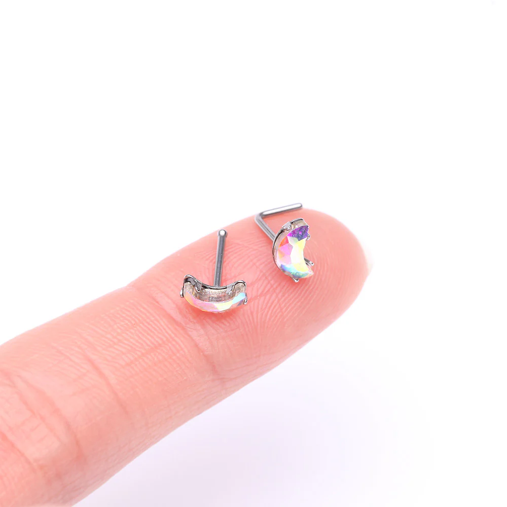Crescent Moon Aurora Gem Sparkle L-Shaped Nose Ring - Image 3