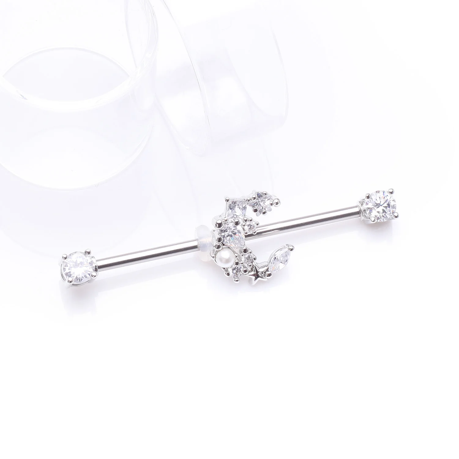 Crescent Moon Celestial Sparkle Ends Industrial Barbell - Image 2
