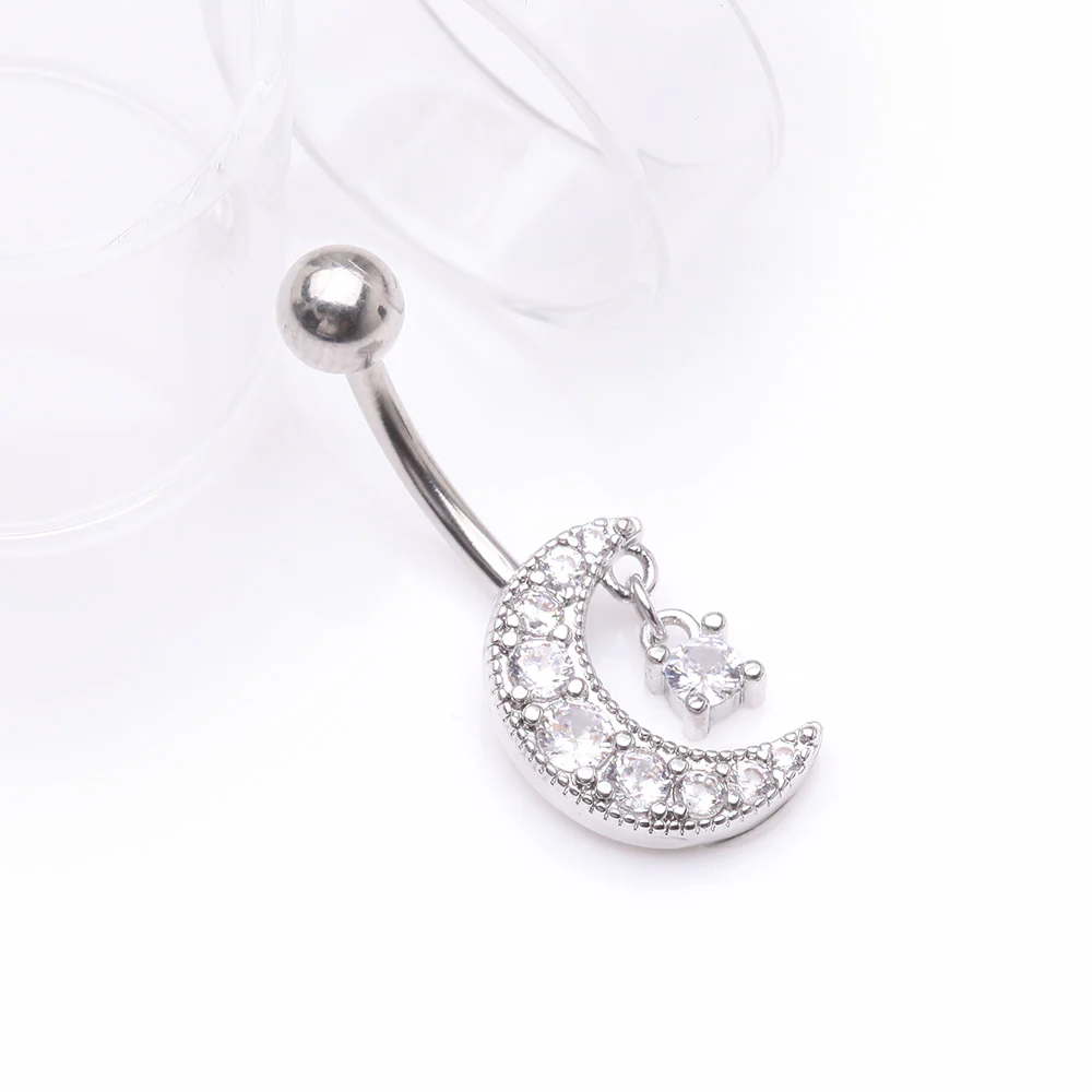 Crescent Moon Dainty Sparkle Belly Button Ring - Image 3