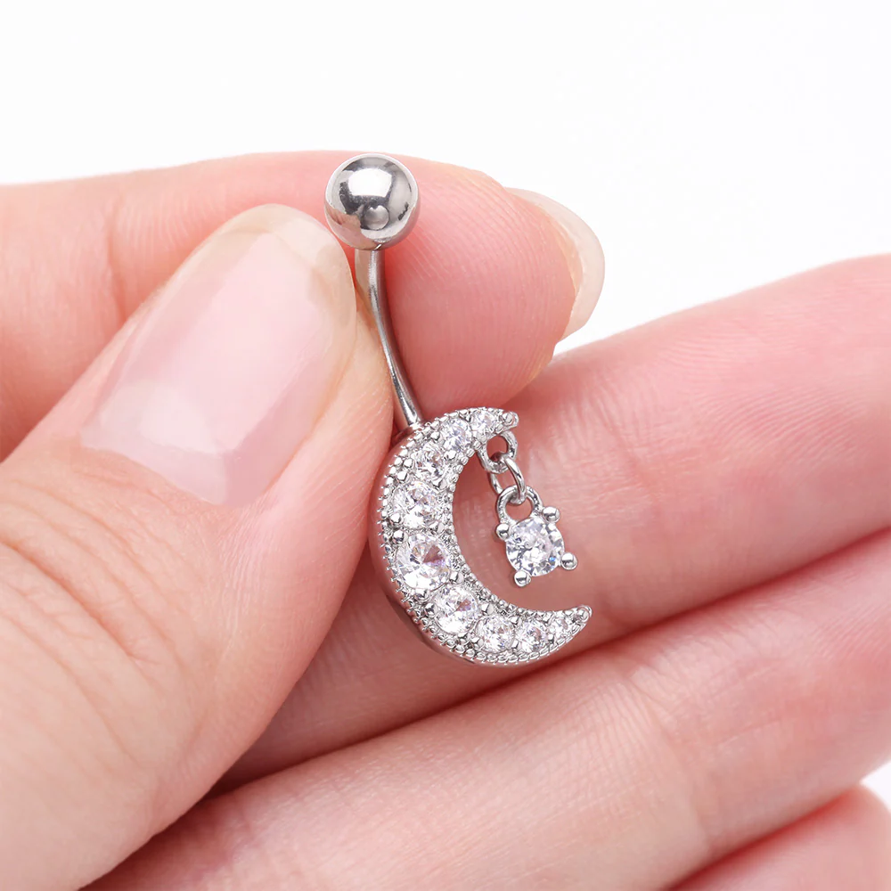 Crescent Moon Dainty Sparkle Belly Button Ring - Image 4