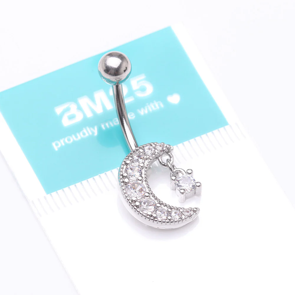 Crescent Moon Dainty Sparkle Belly Button Ring - Image 5