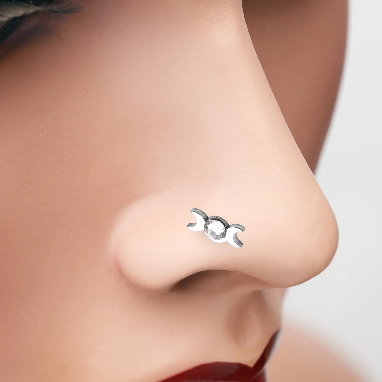 Crescent Moon Goddess Gem Sparkle L-Shaped Nose Ring - Image 2