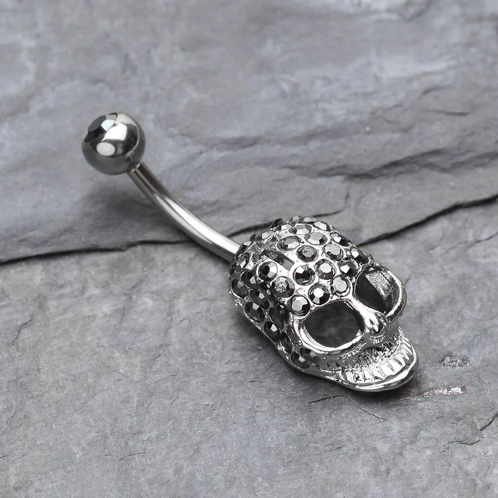Cross Gem Paved Hardcore Skull Belly Button Ring - Image 3