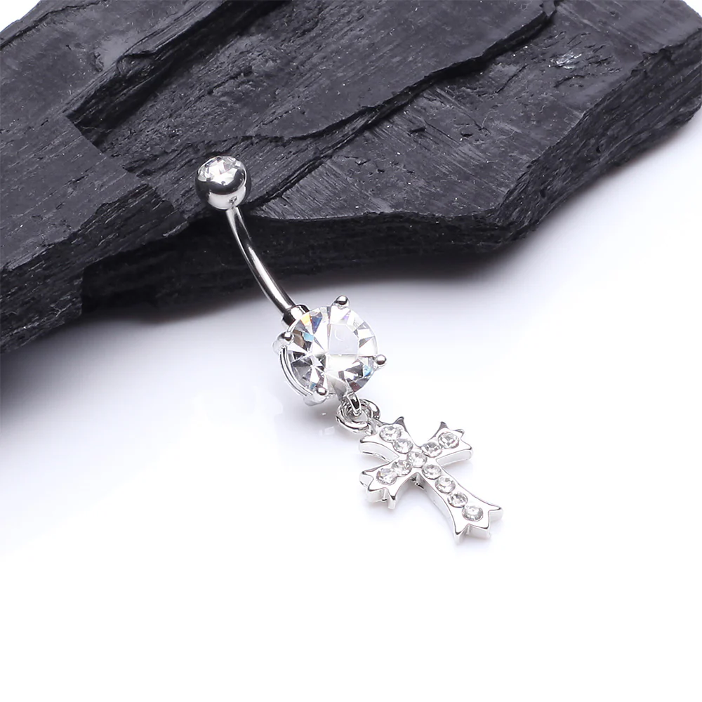 Cross Sparkle Dangle Belly Button Ring - Image 3