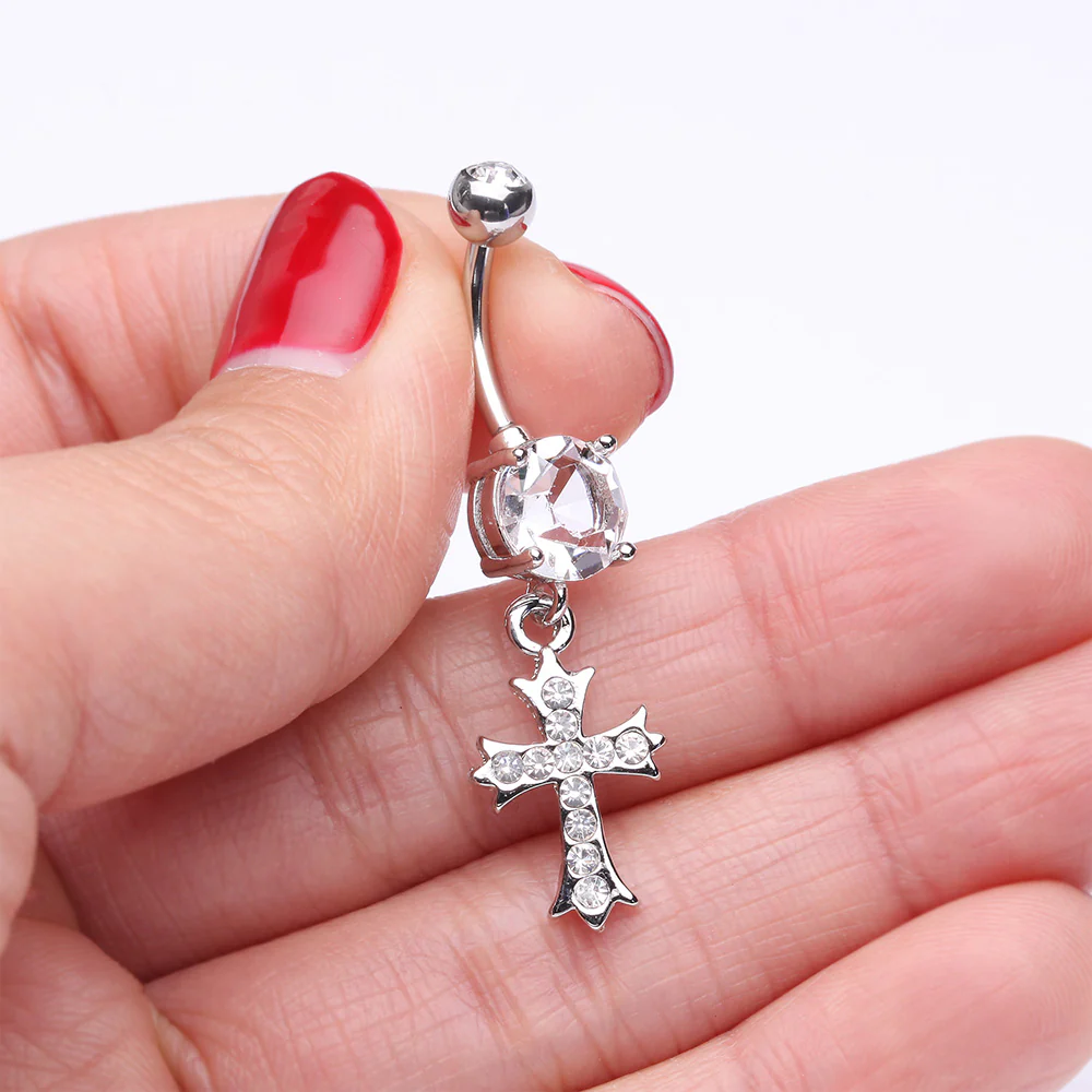Cross Sparkle Dangle Belly Button Ring - Image 4