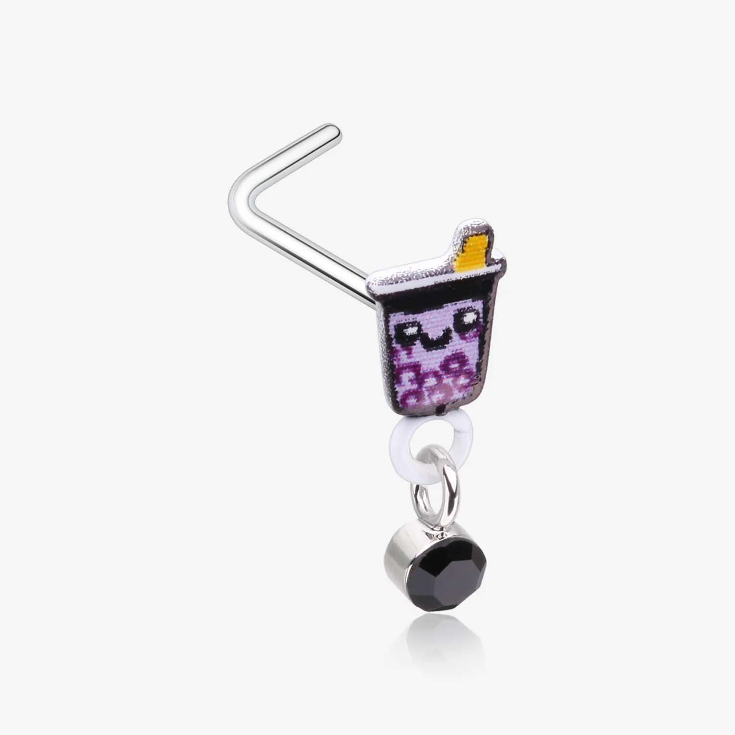 Cute Boba Tapioca Drink Sparkle Dangle L-Shaped Nose Ring