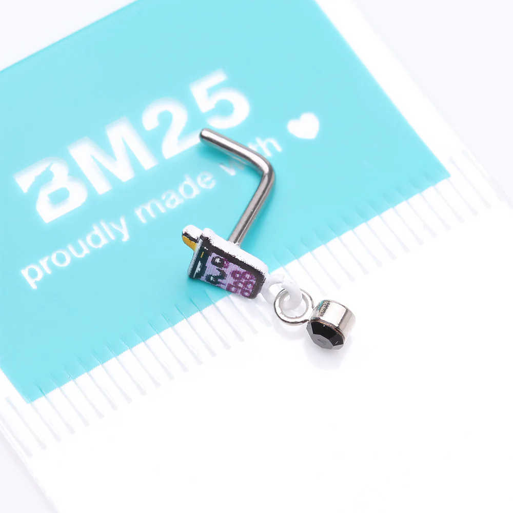 Cute Boba Tapioca Drink Sparkle Dangle L-Shaped Nose Ring - Image 5