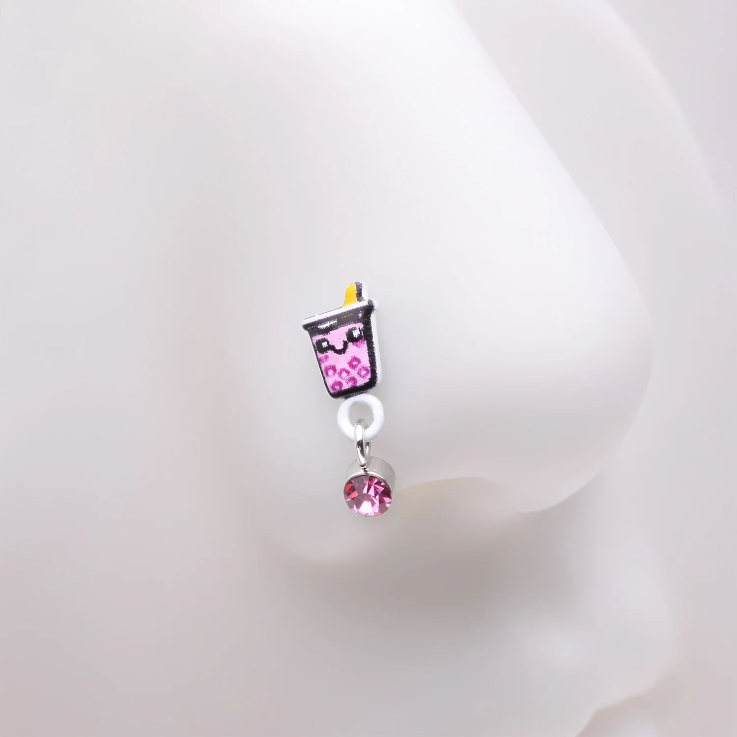 Cute Boba Tapioca Drink Sparkle Dangle L-Shaped Nose Ring - Image 2