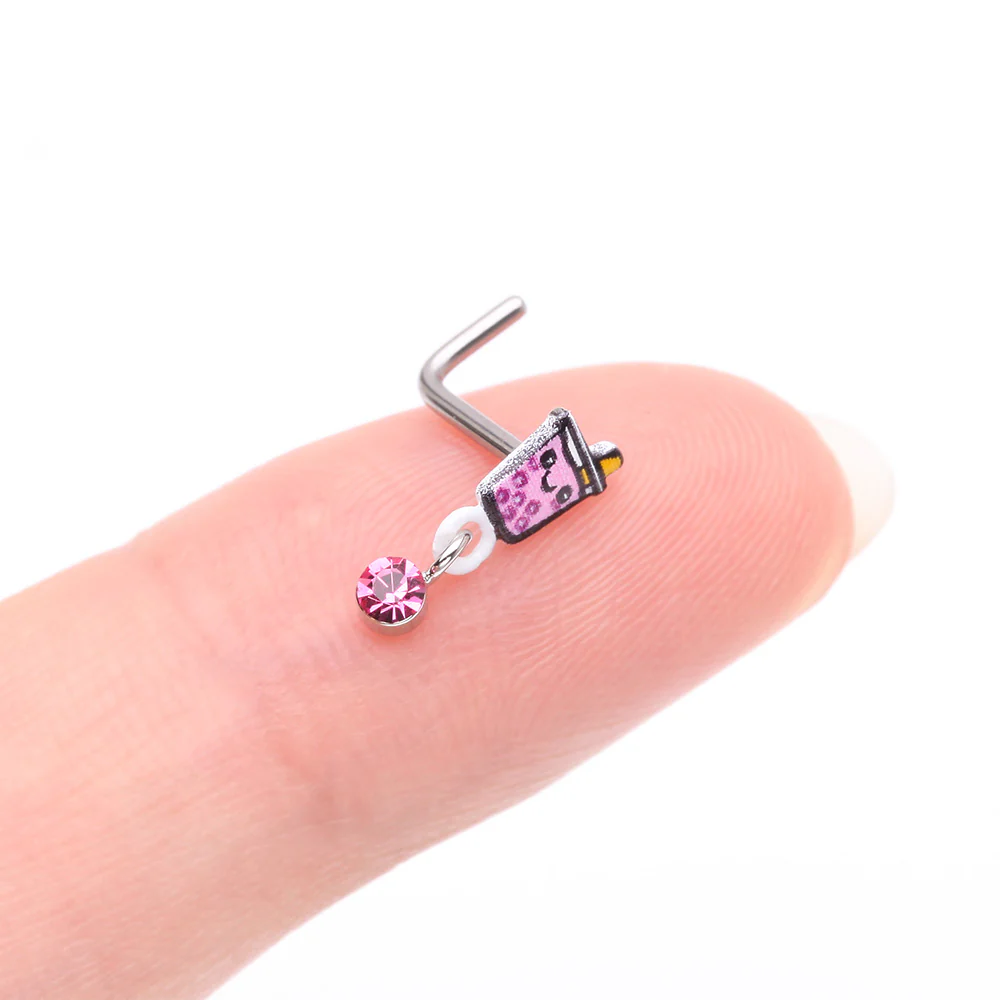 Cute Boba Tapioca Drink Sparkle Dangle L-Shaped Nose Ring - Image 3