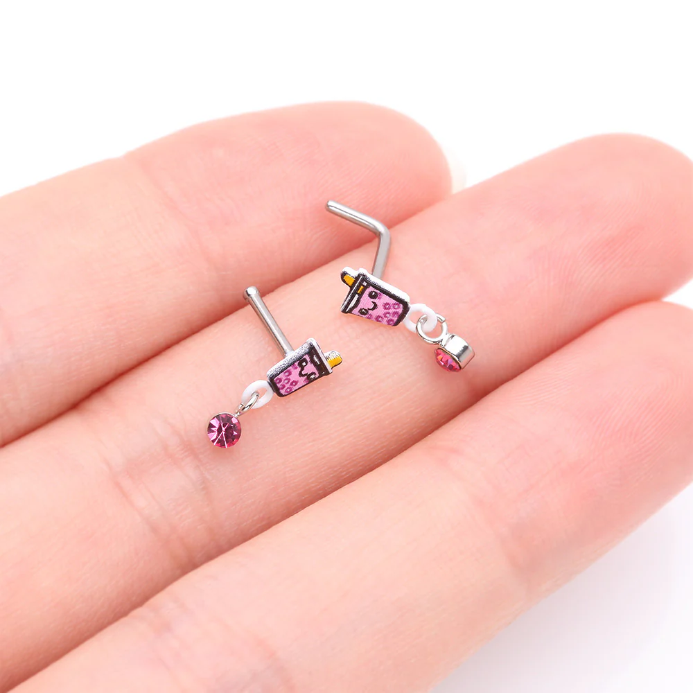 Cute Boba Tapioca Drink Sparkle Dangle L-Shaped Nose Ring - Image 4