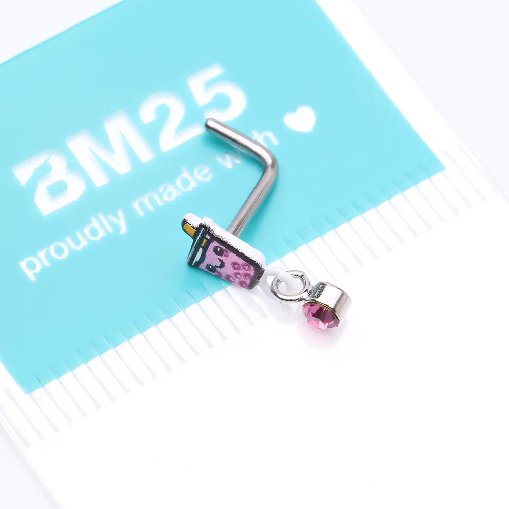Cute Boba Tapioca Drink Sparkle Dangle L-Shaped Nose Ring - Image 5