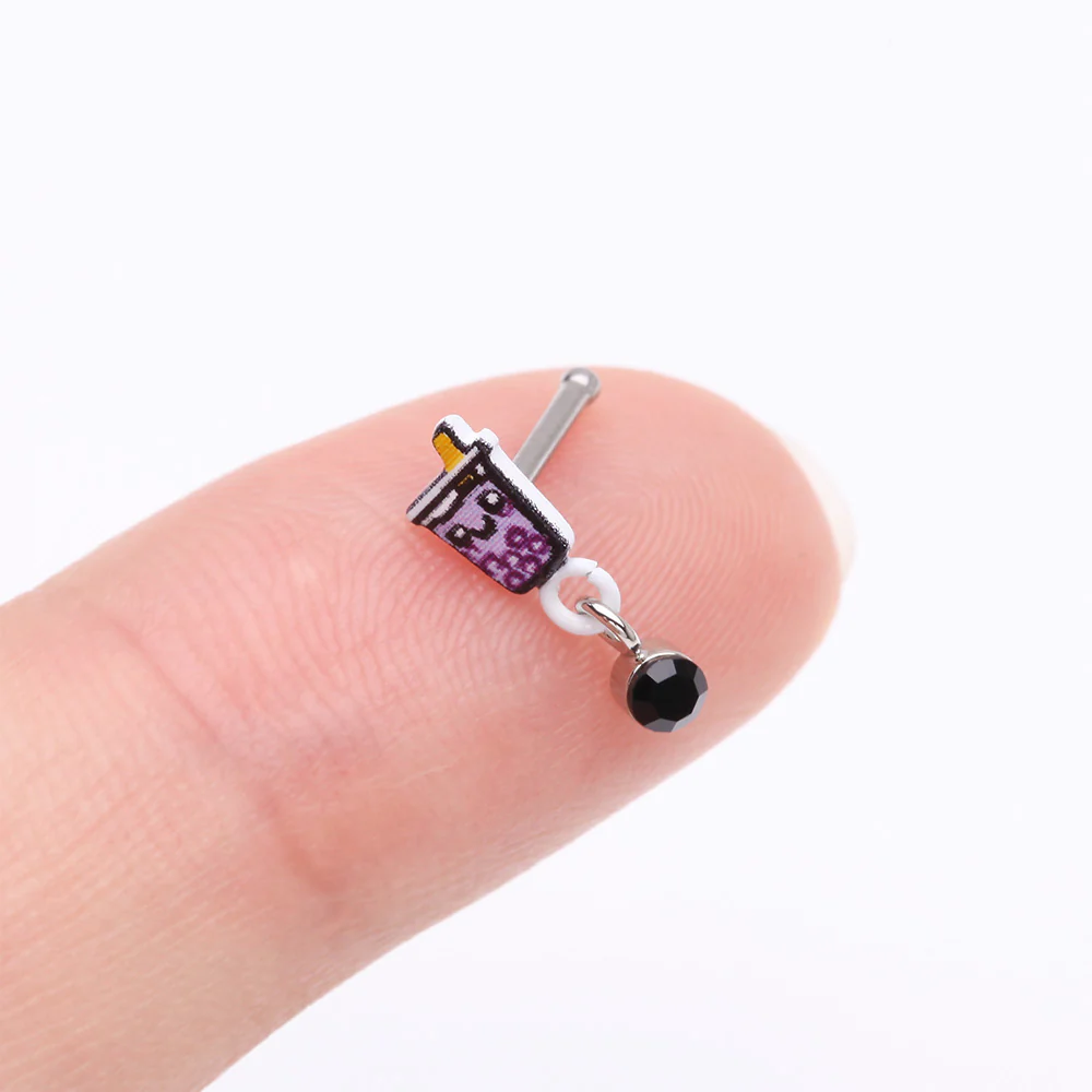 Cute Boba Tapioca Drink Sparkle Dangle Nose Stud Ring - Image 3