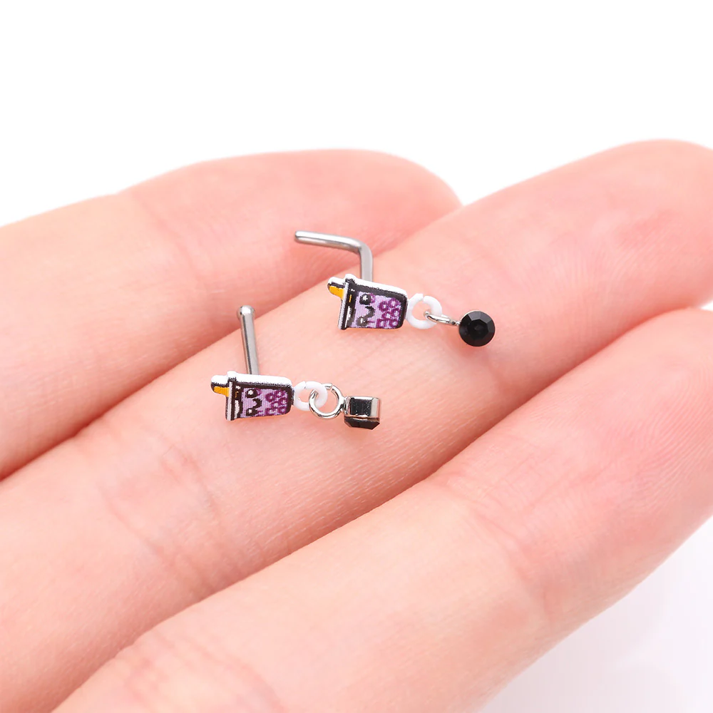 Cute Boba Tapioca Drink Sparkle Dangle Nose Stud Ring - Image 4