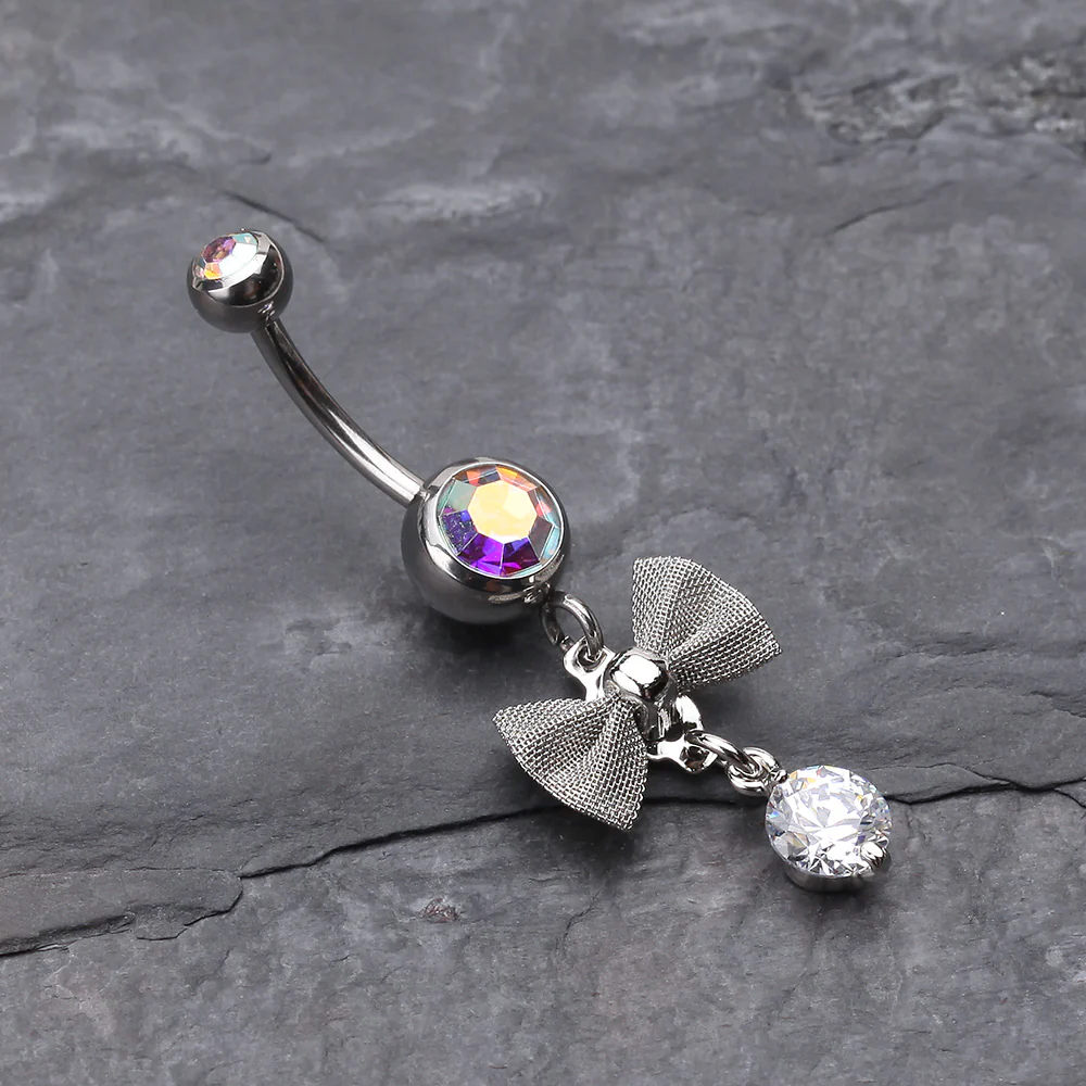 Dainty Bow Gem Sparkle Belly Ring - Image 3