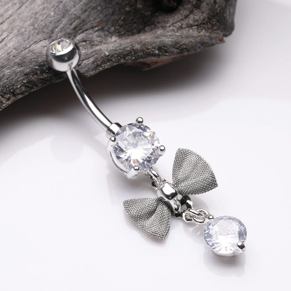 Dainty Bow-Tie Prong Gem Sparkle Belly Button Ring - Image 3