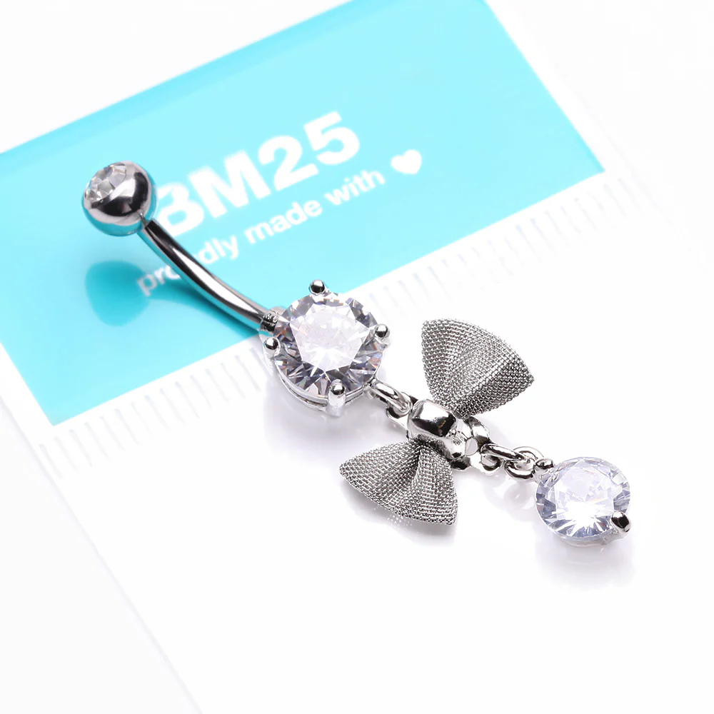 Dainty Bow-Tie Prong Gem Sparkle Belly Button Ring - Image 4