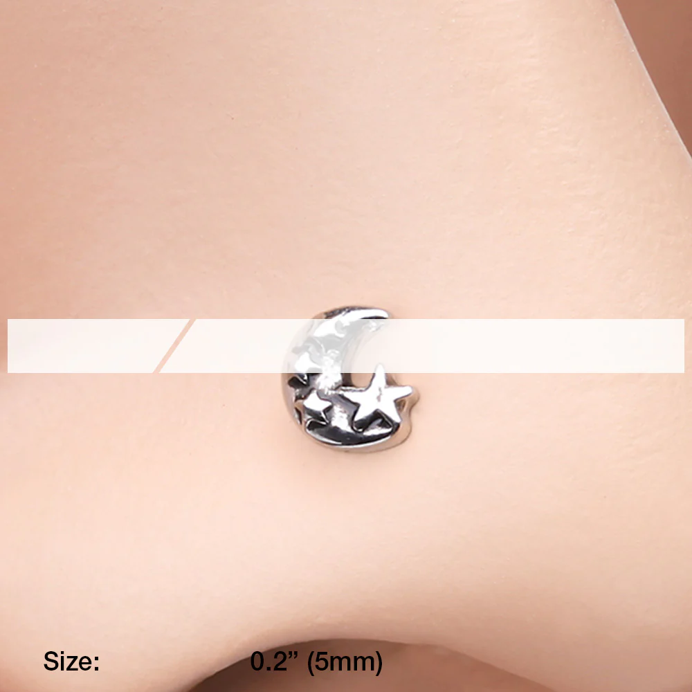 Dainty Crescent Moon & Stars Nose Stud Ring - Image 3
