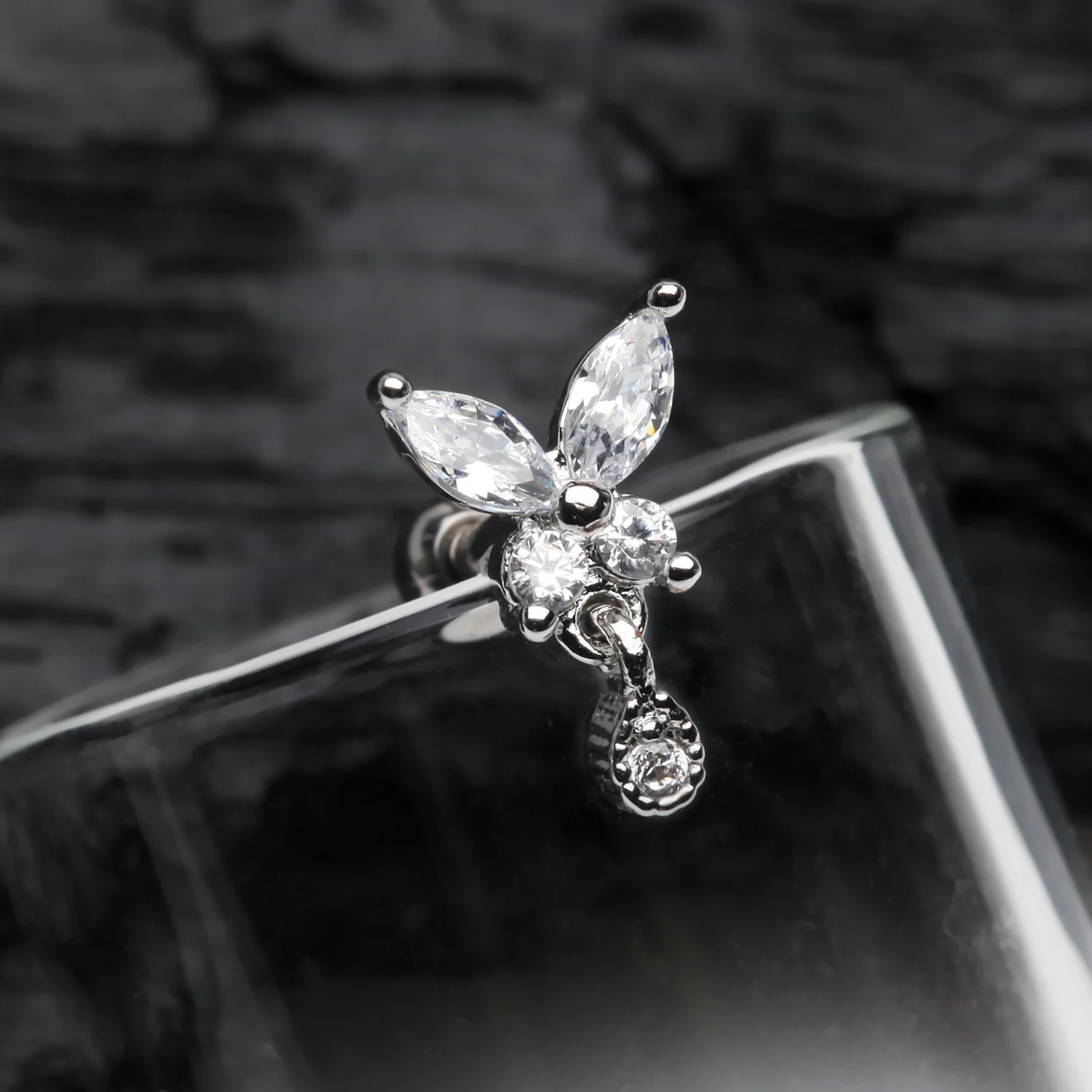 Dainty Sparkle Butterfly Dangle Cartilage Tragus Barbell Earring - Image 2