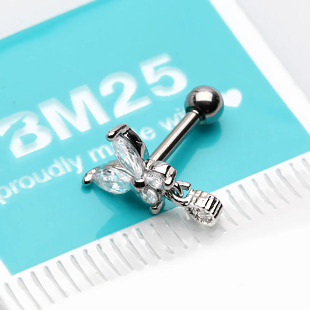 Dainty Sparkle Butterfly Dangle Cartilage Tragus Barbell Earring - Image 4