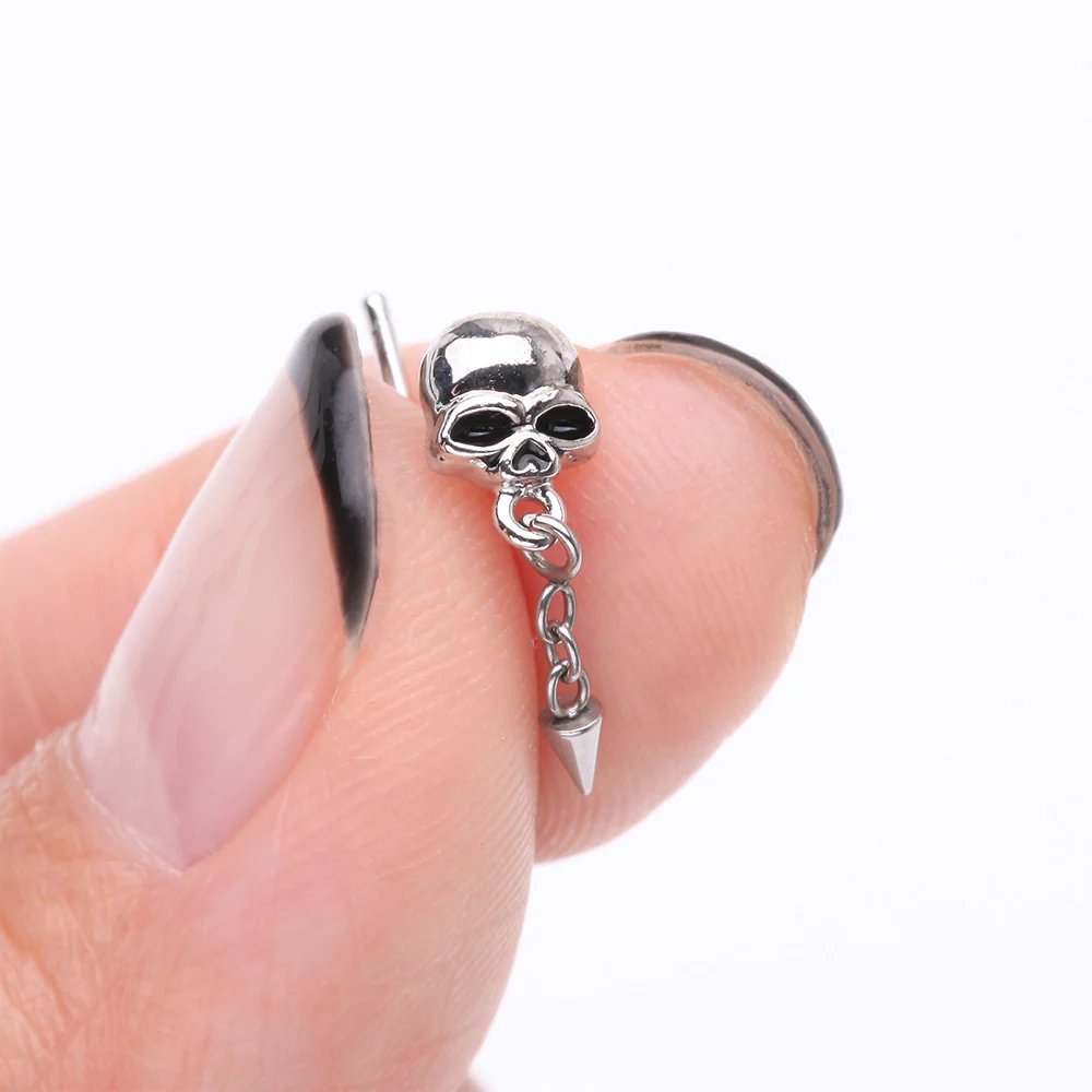 Death Skull Dangle Chained Spike L-Shaped Nose Ring - Image 3