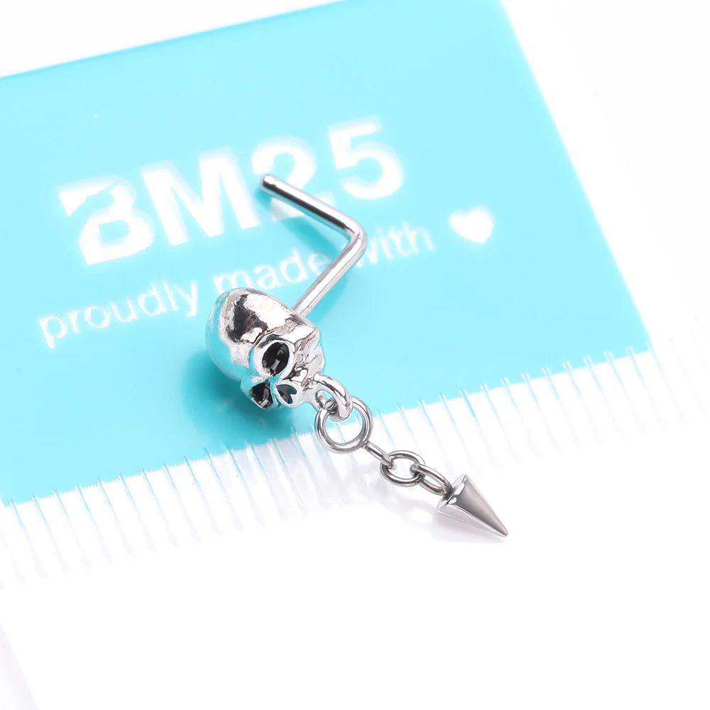 Death Skull Dangle Chained Spike L-Shaped Nose Ring - Image 5