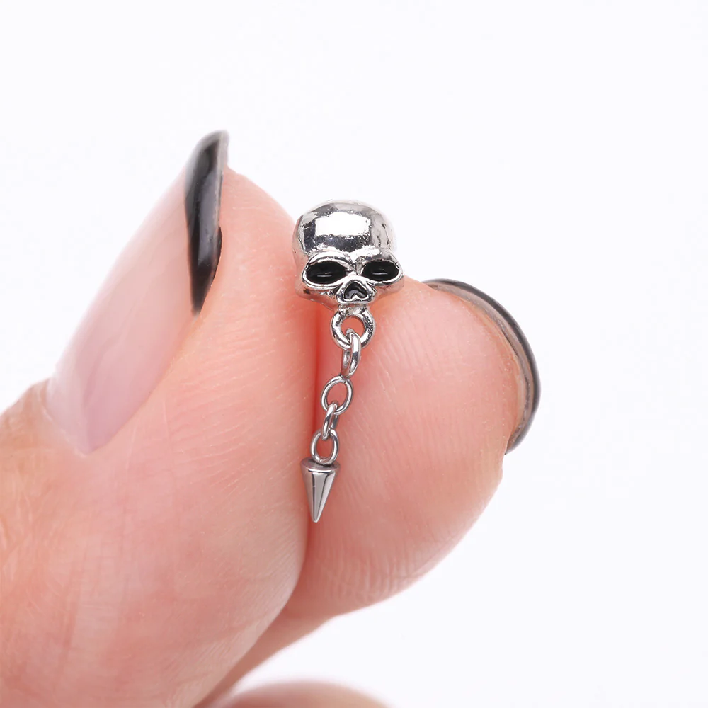 Death Skull Dangle Chained Spike Nose Stud Ring - Image 3
