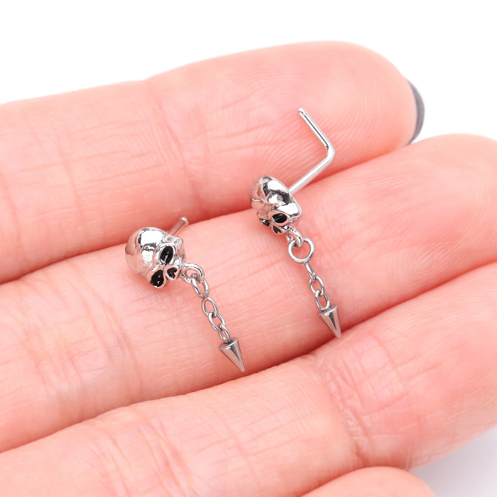 Death Skull Dangle Chained Spike Nose Stud Ring - Image 4