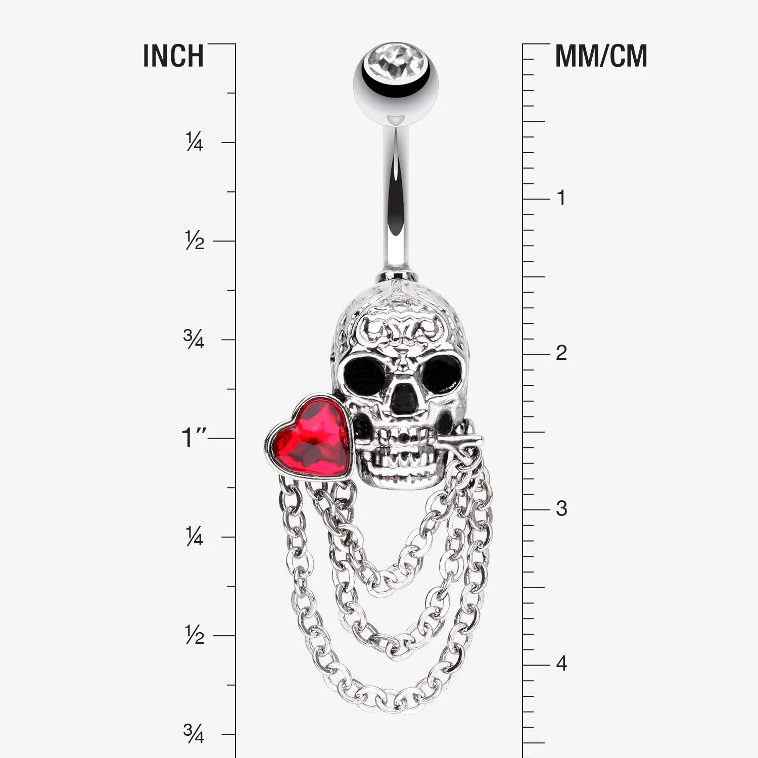 Death Skull Heart Sparkle Chained Dangle Belly Button Ring - Image 2