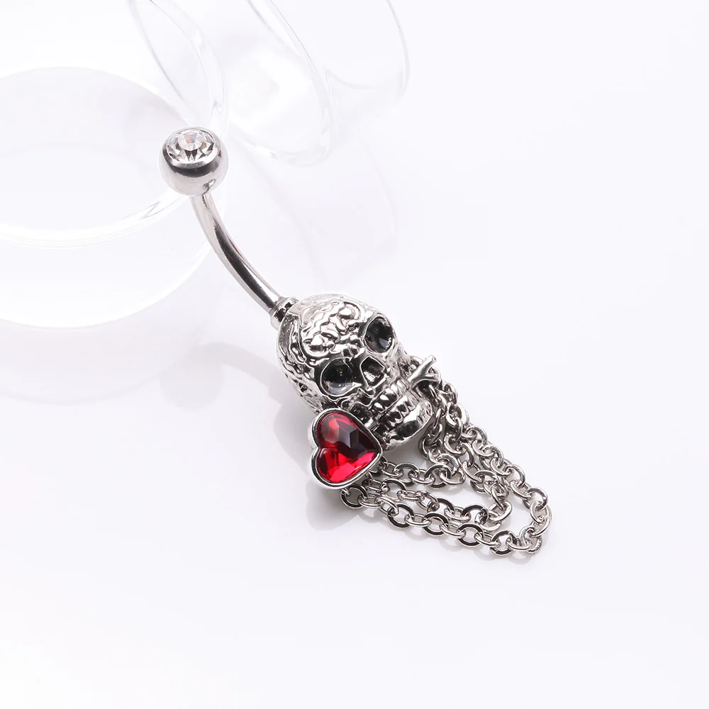 Death Skull Heart Sparkle Chained Dangle Belly Button Ring - Image 3