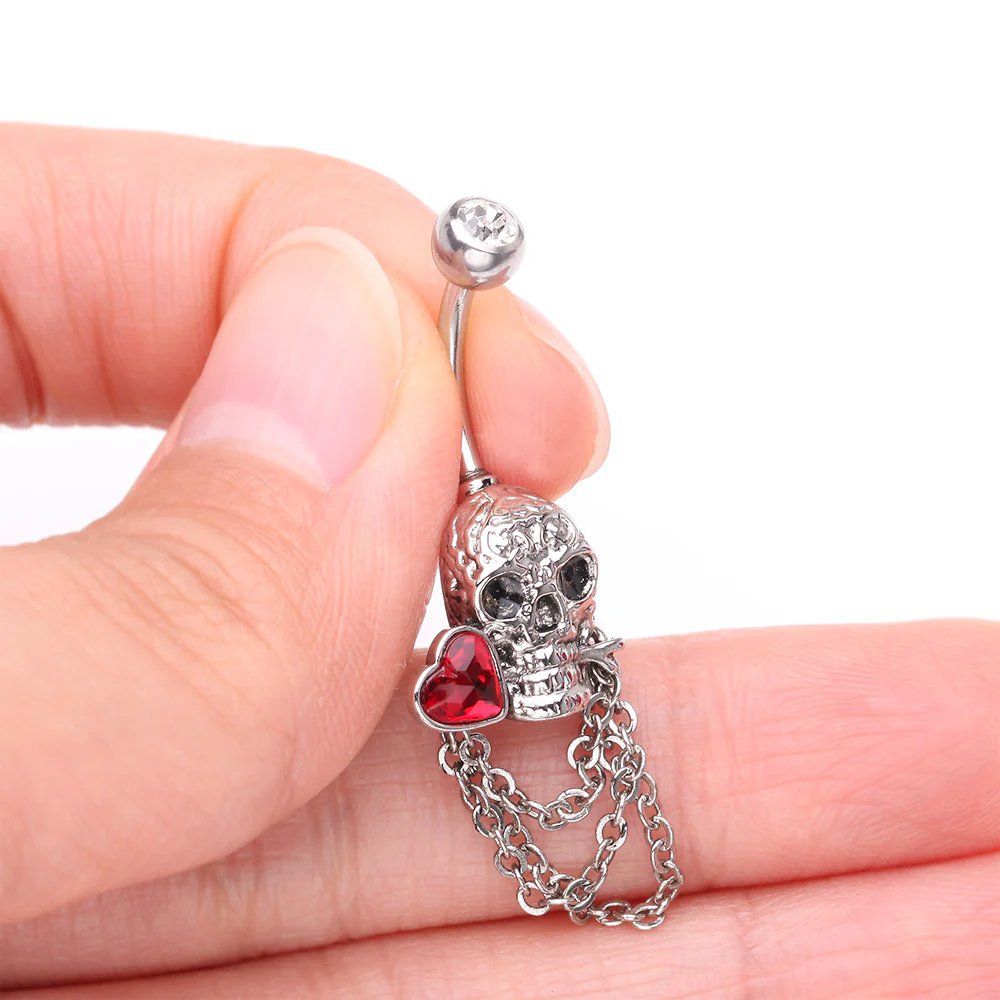 Death Skull Heart Sparkle Chained Dangle Belly Button Ring - Image 4