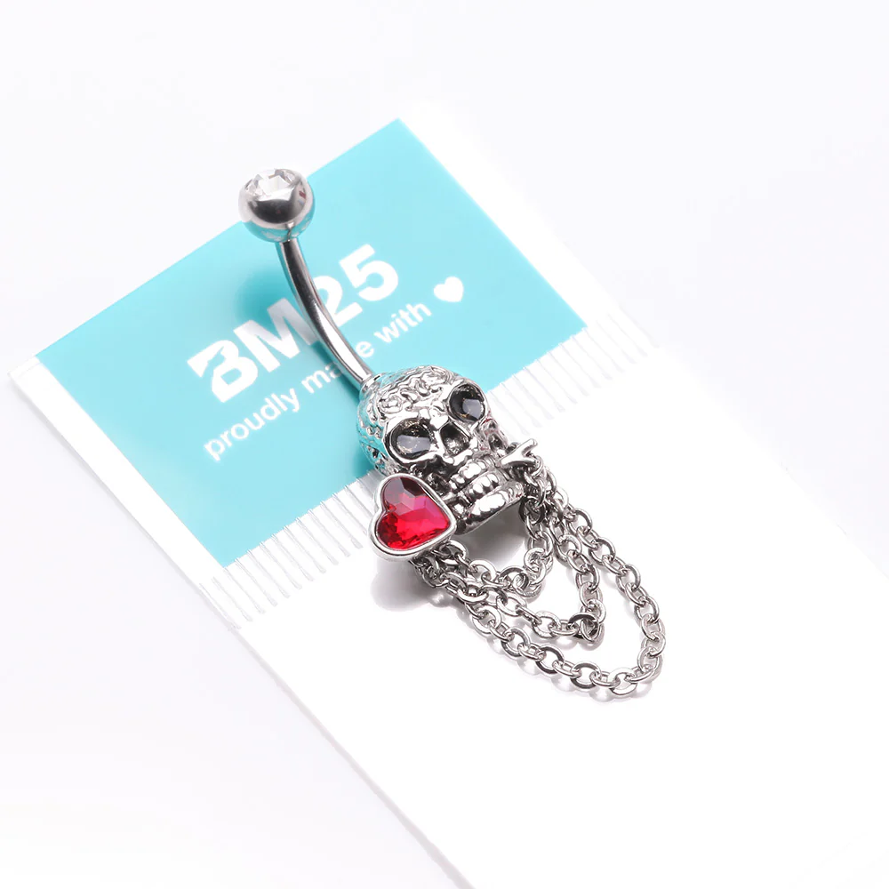 Death Skull Heart Sparkle Chained Dangle Belly Button Ring - Image 5