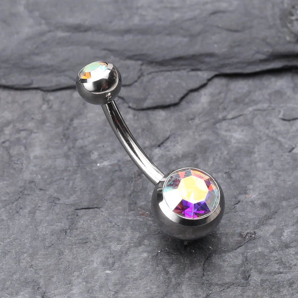 Double Gem Ball Steel Belly Button Ring - Image 3