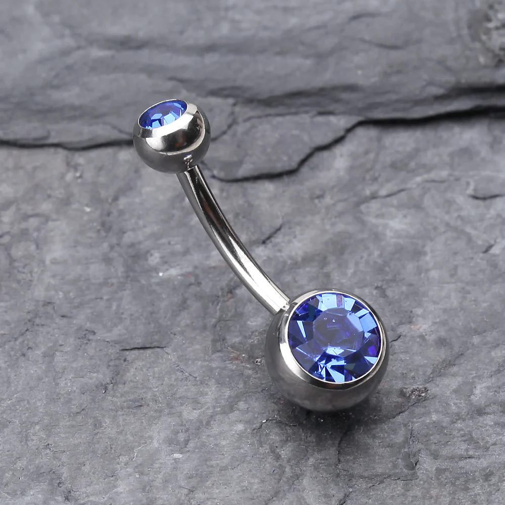 Double Gem Ball Steel Belly Button Ring - Image 3