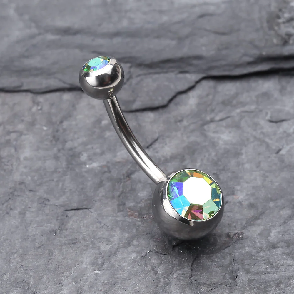 Double Gem Ball Steel Belly Button Ring - Image 3