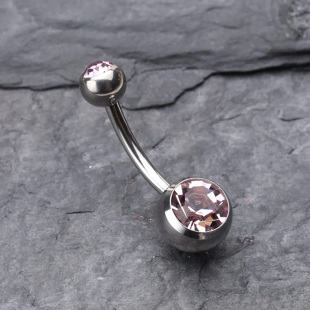 Double Gem Ball Steel Belly Button Ring - Image 3