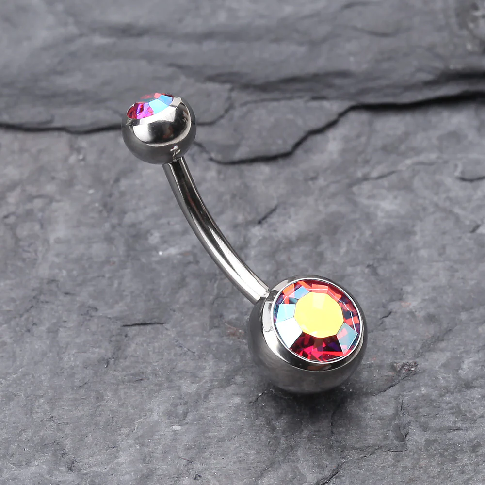 Double Gem Ball Steel Belly Button Ring - Image 3