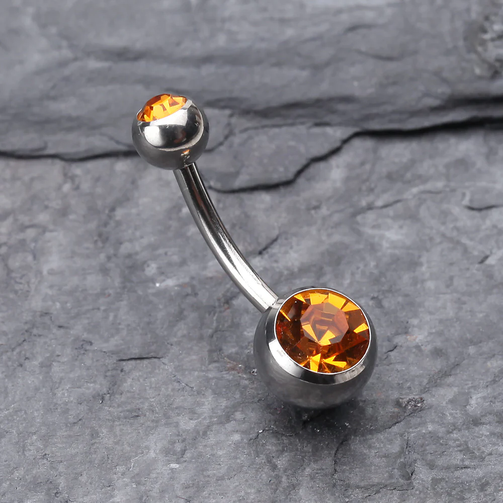 Double Gem Ball Steel Belly Button Ring - Image 3