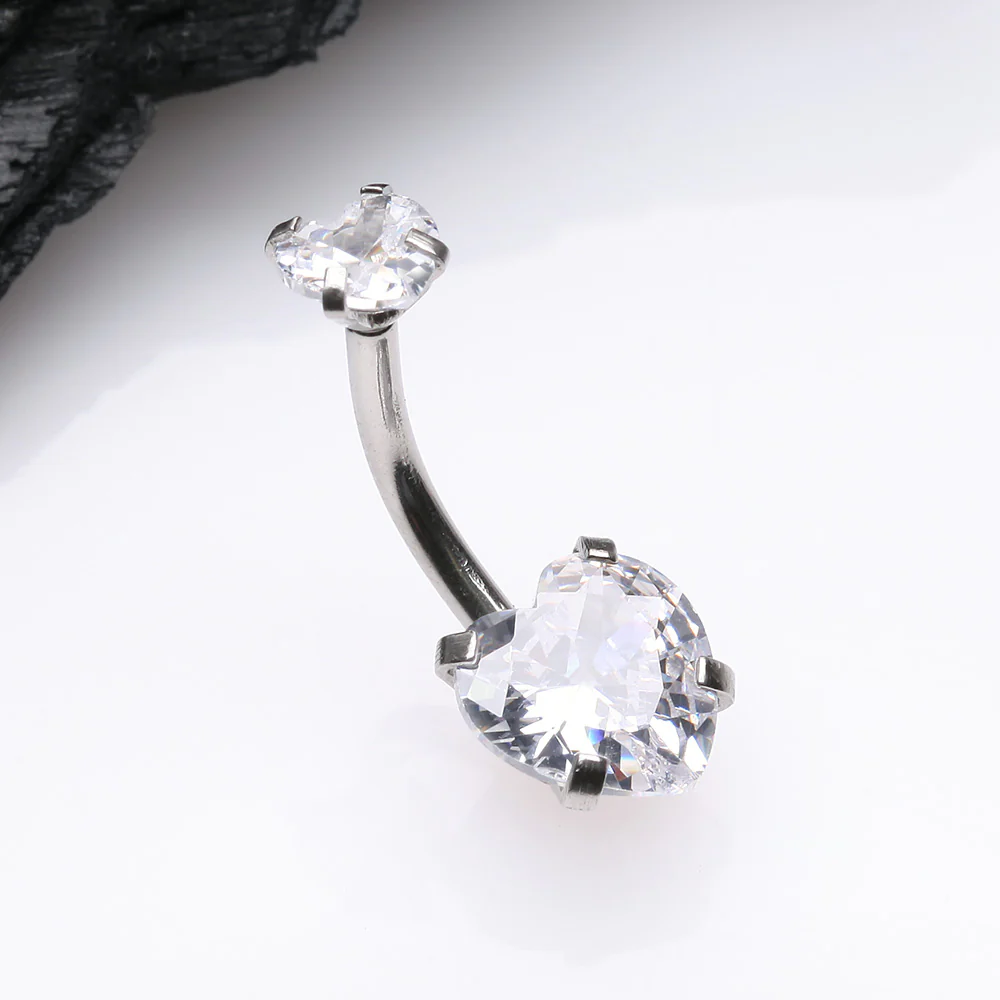 Double Heart Sparkle Prong Internally Threaded Belly Button Ring - Image 3