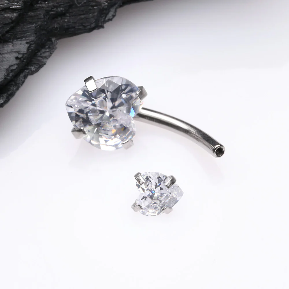 Double Heart Sparkle Prong Internally Threaded Belly Button Ring - Image 4
